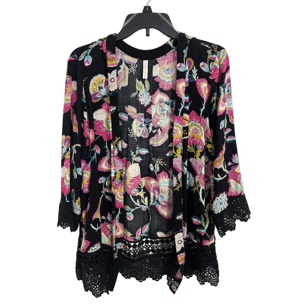 Midnight Floral Black Crochet Knit Open Front Cardigan Kimono XS Festival